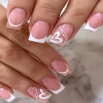 24PCS Mid-length Square Shape Press On Nails White French Fake Nail With Heart Design Decor Full Cover Nails For Women