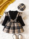 Baby Girls Stylish Plaid Dress Cute Bow Long Sleeve Casual Stitching Dress