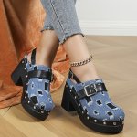 Women's Buckle Belt Clogs Ankle Strap Comfy Platform Soft Sole Slides Non-slip Chunky Heel Studded Decor Slides