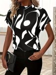 Allover Print Mock Neck Blouse Elegant Short Sleeve Blouse Top For Spring & Summer Women's Clothing