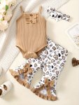 Baby's Cartoon Heart Print 2PCS Trendy Summer Outfit Sleeveless Bodysuit & Ruffle Trim Flared Pants Set Toddler & Infant Girl's