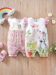 2PCS Baby's Cartoon Giraffe Zebra Print Cotton Bodysuit Casual Cap Sleeve Romper Toddler & Infant Girl's Onesie For Summer As Gi