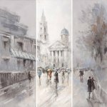 Rainy Street Scene Painting Wall Art Canvas Triptych 1200 X 1200