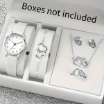 Elegant 6-PIECE Women's Quartz Watch And Heart Rhinestone Jewelry Set - Analog Round Display Japanese-quartz Movement Pu Leather