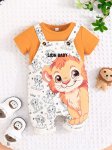 Baby's Cartoon Lion Print 2PCS Summer Casual Outfit T-Shirt & Jumpsuit Set Toddler & Infant Boy's Clothes