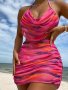 Ombre Print Stretchy 3 Piece Set Swimsuits Ruched Halter Bikini & Wrap Cover Up Skirt Women's Swimwear & Clothing