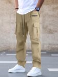 Trendy Solid Men's Long Drawstring Footed Cargo Pants With Pockets Casual Outdoor Sports