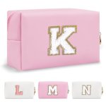 Personalized Initial A-z Preppy Patch Makeup Bag Small Pu Chenille Letter Cosmetic Bag With Zipper For Teen Girls Pink Cute Toil