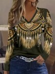 Feather Print Lace Stitching V Neck T-Shirt Casual Short Sleeve T-Shirt For Spring & Summer Women's Clothing