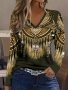 Feather Print Lace Stitching V Neck T-Shirt Casual Short Sleeve T-Shirt For Spring & Summer Women's Clothing