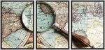 WALL26 - 3 Piece Framed Canvas Wall Art - Vintage Magnifying Glass On An Old Map. - Modern Home Art Stretched And Framed Ready