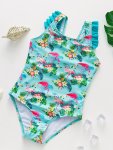 Leaf & Flamingo Print Girls 1-PIECE Swimsuit Frill Straps Bow Swimwear Swimming Pool Beach Holiday Bathing Suit