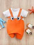 Baby Boy's Cartoon Crab Pattern Bodysuit Faux Suspender Short Sleeve Comfortable Summer Romper