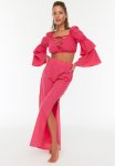 Linen Textured Slit Trousers - Pink