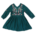 Girls Bottle Green Embroidered Viscose Dress