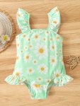 Daisy Flowers Print Girls 1-PIECE Swimsuit Cute Ruffle Sleeveless Bathing Suit Swimwear For Beach Pool Summer