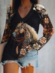 Floral & Horse Print V Neck T-Shirt Vintage Long Sleeve Top For Spring & Fall Women's Clothing