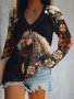 Floral & Horse Print V Neck T-shirt Vintage Long Sleeve Top For Spring & Fall Women's Clothing