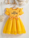Girls' Sister Letter Print Crew Neck Short Sleeve Ruffle & Hollow-out Dress With Bowknot Belt For Summer