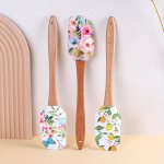 Floral Print Silicone Spatula Set With Wooden Handle - Baking And Pastry Scraper For Home Kitchen Use