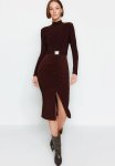 High Neck Draped Belt Knitted Dress - Brown