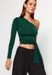 Slim Tie Detailed Single Sleeve Crop Knitted Blouse - Emerald Green