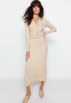 Beige Premium Textured Regular Polo Neck Flexible Knitted Two-piece Set