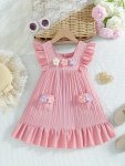Girls Sweet Flowers Decor Square Neck Woven Dress Holiday Casual Princess Dress For Summer