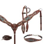 Showman Navajo Teal & Brown Beaded Headstall Breast Collar And Wither Strap Set