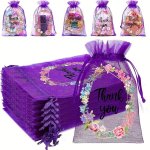 20PCS Purple 10.16 X 15.24 Cm Thank You Gift Bags Sheer Organza Bags Floral Small Thank You Bags Bulk Mesh Jewelry Candy Gift Ba