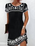 Floral Print Short Sleeve A-line Dress Casual Crew Neck Above Knee Dress For Spring & Summer Women's Clothing