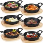 Nuogo 6 Sets MINI Cast Iron Fajita Skillet MINI Cast Iron Plates Skillet With Wooden Base Small Round Plate Metal Pan Pot For Co