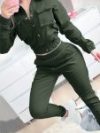 Casual Solid Two-piece Set Button Front Pocket Long Sleeve Top & Elastic Waist Joggers Outfits Women's Clothing