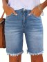 Women's Stretchy Bermuda Denim Knee-length Shorts Casual Frayed Hem Summer Fashion Jean Shorts Light Wash Versatile Ladies Wear