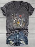 Casual V-neck Floral Tee For Women - Soft Cotton Blend Short Sleeve Machine Washable - Perfect Summer Top