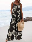 Leaf Print Overall Jumpsuit Casual Wide Leg Overall Jumpsuit For Spring & Summer Women's Clothing