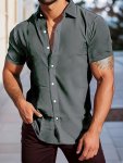 Men's Casual Solid Short Sleeve Button Up Shirt Summer Outdoor Men's Daily Top