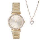 Ladies Gold Watch Set Champagne Dial And Heart Necklace With Stones