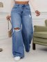 Blue Ripped Holes Straight Jeans Loose Fit Non-stretch Wide Legs Jeans Women's Denim Jeans & Clothing