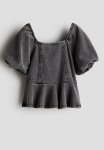 Denim-look Peplum Blouse - Washed Grey