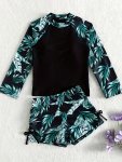 Tropical Splicing 2-PIECE Girls Swimsuit Long Sleeve Top + Boxer Shorts Set Girls Bathing Suit Beach Holiday Swimwear