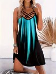 Color Block Criss Cross Dress Casual Sleeveless Spaghetti Strap Dress Women's Clothing