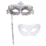 Ietang Couple Mask Half Venetian Masquerade Ball Mask Party Costume Accessory On Stick-white
