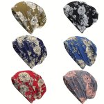 Boho Flower Print Slouchy Beanie Elegant Elastic Skull Cap Casual Neck Gaiter Soft Beanies Chemo Cap For Women