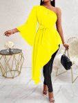 One-shoulder Asymmetric Hem Blouse Elegant Long Flare Sleeve Cinched Waist Top For Spring & Fall Women's Clothing