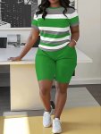 Plus Size Casual Shorts Set Color Block Crew Neck Short Sleeve Top & Solid Color Pocket Shorts Outfits For Spring & Summer Women