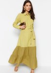 Modest Tiered Shirt Dress - Green