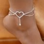 1 PC Double Layer Anklet With Hollow Heart Design Zinc Alloy Jewelry Rhinestones Inlaid Elegant Bohemian Style Dating Foot Chain