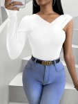 Asymmetric Sleeve Slim Top Stylish V Neck Long Sleeve Top For Spring & Summer Women's Clothing