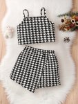 2PCS Girl's Houndstooth Print Cami Top & Skirted Shorts Set Summer Clothes Party Street Everyday Girls Outfit